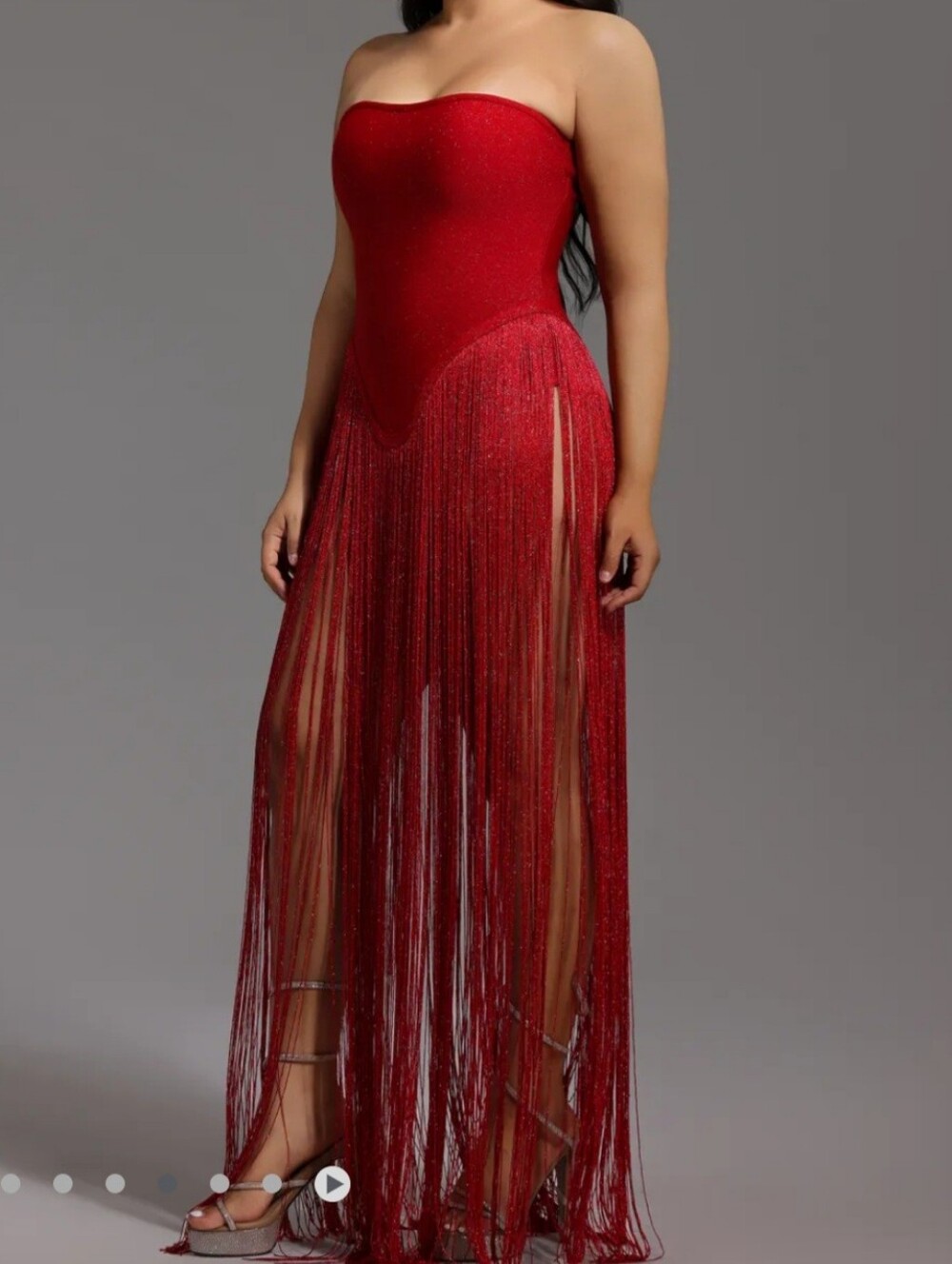 Strapless Red Fringe Evening Gown